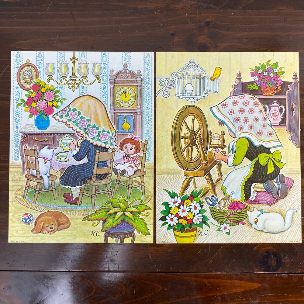 Two Vintage Lithograph Prints Teri-Tots Collection K. Chin 1973 Whimsical 12”x9”